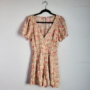 NWT American Eagle Floral Romper Cottagecore Women's M Pink Orange Puffed Sleeve